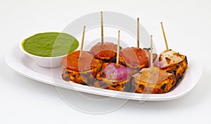 Indian Starter Dish Paneer Tikka Kabab or Barbecue Paneer Tikka Kabab