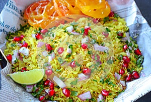 Indian street food breakfast poha jalebi