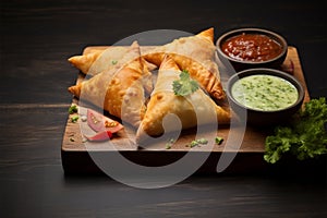 Indian street food samosa on chopping board, a flavorful delight