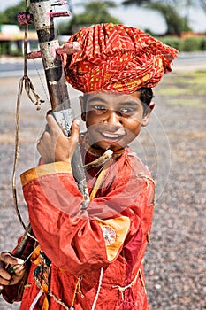 Indian street musician playing the Sarangi in Rajasthan India