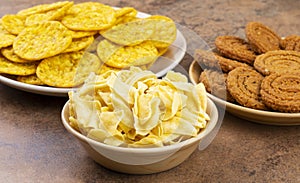 Indian Street Snack Food Besan Papdi With Masala Khari Papdi or Chakli