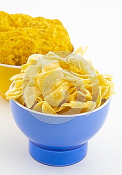 Indian Street Snack Food Besan Papdi With Masala Khari Papdi on White Background