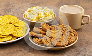 Indian Street Snack Food Chakli With Masala Khari Papdi or Besan Papdi