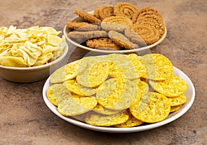 Indian Street Snack Food Masala Khari Papdi with Chakli or Besan Papdi