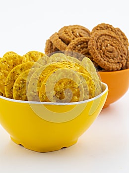 Indian Street Snack Food Masala Khari Papdi with Chakli on White Background