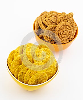 Indian Street Snack Food Masala Khari Papdi with Chakli on White Background