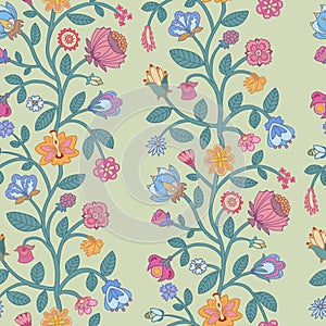 Indian style trailing floral pattern. Vertical Columns of hand drawn colourful stylised flowers.