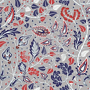 Indian stylized flowers and leaves. Seamless pattern. Floral paisley folck vector background using boteh or buta.