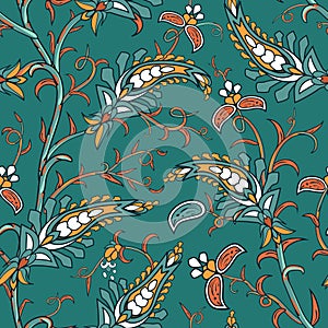 Indian stylized flowers and leaves. Seamless pattern. Floral paisley folck vector background using boteh or buta.