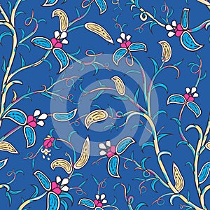 Indian stylized flowers and leaves. Seamless pattern. Floral paisley folck vector background using boteh or buta. photo