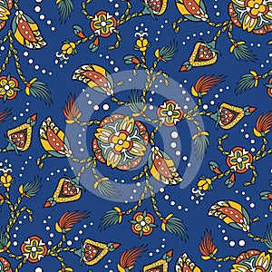 Indian stylized flowers and leaves. Seamless pattern. Floral paisley folck vector background using boteh or buta.