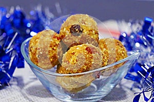 indian sweet chick peas flour balls, known as besan ladoo.