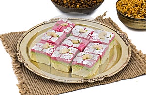 Indian Sweet Food Dryfruit Barfi With Namkeen on White Background