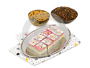 Indian Sweet Food Dryfruit Barfi With Namkeen on White Background