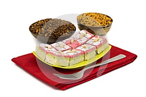 Indian Sweet Food Dryfruit Barfi With Namkeen on White Background