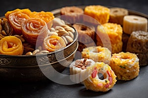 Indian sweets Doda barfi motichur ladu and jaleb, ai generation photo