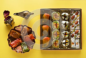 Indian sweets and Mithai in box for Diwali festival photo