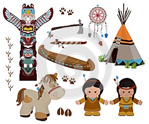 Indian symbols set, cartoon characters of American Indians