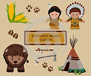 Indian symbols set, cartoon characters of American Indians