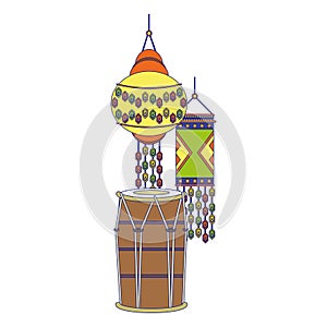 Indian tabla drums and paper lights blue lines