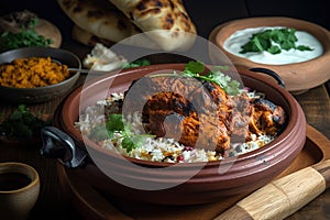 Indian tandoori dish with spicy marinated chicken served over white rice.