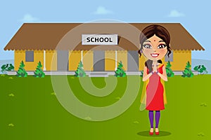 An Indian teacher standing in front of a rural indian school - Vector