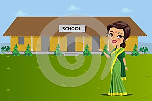 An Indian teacher standing in front of a rural indian school - Vector