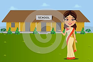 An Indian teacher standing in front of a rural indian school - Vector