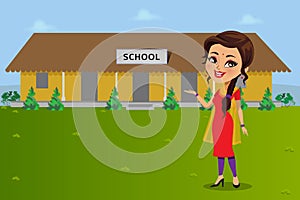 An Indian teacher standing in front of a rural indian school - Vector