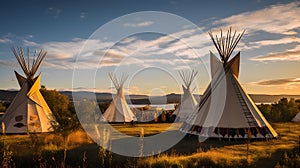 Indian teepees stand in native american encampment at sunset.