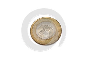 An Indian ten rupee coin isolated on a white background