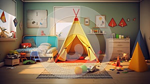 an indian tent in a children room mockup, ai generated image