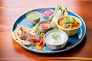 indian thali with naan and colorful curries