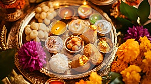 An Indian Thali Platter with Sweets, Flowers, and Diyas photo