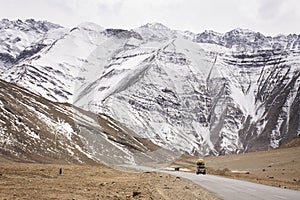 Indian or tibetan driver people driving van on Leh Manali and Srinagar Leh Highway journey go to village at Leh Ladakh while