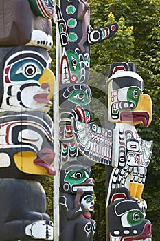 Indian totem poles in Vancouver. British Columbia. Canada.