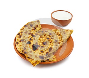 Indian Traditional Breakfast Dish Aloo Paratha Served With Fresh Curd