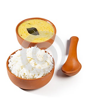 Indian Traditional Cuisine Kadhi Chawal Also Know as Curry Chawal, Yogurt Curry with Rice on White Background