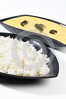 Indian Traditional Cuisine Kadhi Chawal Also Know as Curry Chawal, Yogurt Curry with Rice on White Background