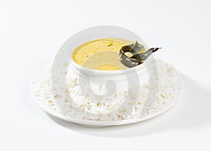 Indian Traditional Cuisine Kadhi Chawal Also Know as Curry Chawal, Yogurt Curry with Rice on White Background