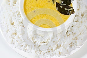 Indian Traditional Cuisine Kadhi Chawal Also Know as Curry Chawal, Yogurt Curry with Rice on White Background