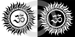 Indian Traditional and Cultural Rangoli, alpona, mandala or Kolam design concept of sun with om symbol photo