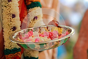 Indian traditional culture colorful garland from fresh flowers with South Indian wedding rituals