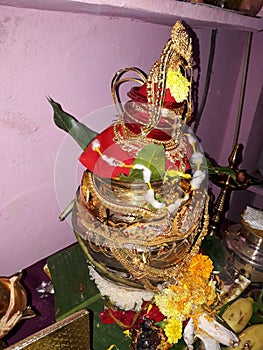 Indian traditional festival and hindu goddess Varalakshmi Vratham decoration