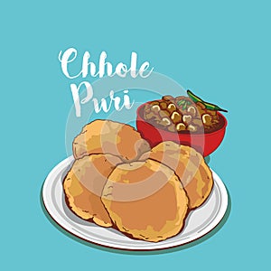 Indian traditional food chhole poori or puri vector illustration