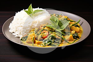 Indian traditional meal with rice, curry, chicken and herbs served in plate. Oriental menu