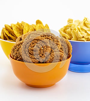 Indian Traditional Snack Chakli With Masala Khari Papdi or Besan Papdi on White Background