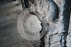 Indian traditional stone carving at Sri Virupaksha temple in Hampi, India