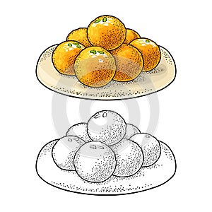 Indian traditional sweets Ladoo in plate. Vector vintage engraving