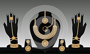 Indian traditional vector gold and pearl bracelet necklace beautiful earrings and rings jewellery set for women